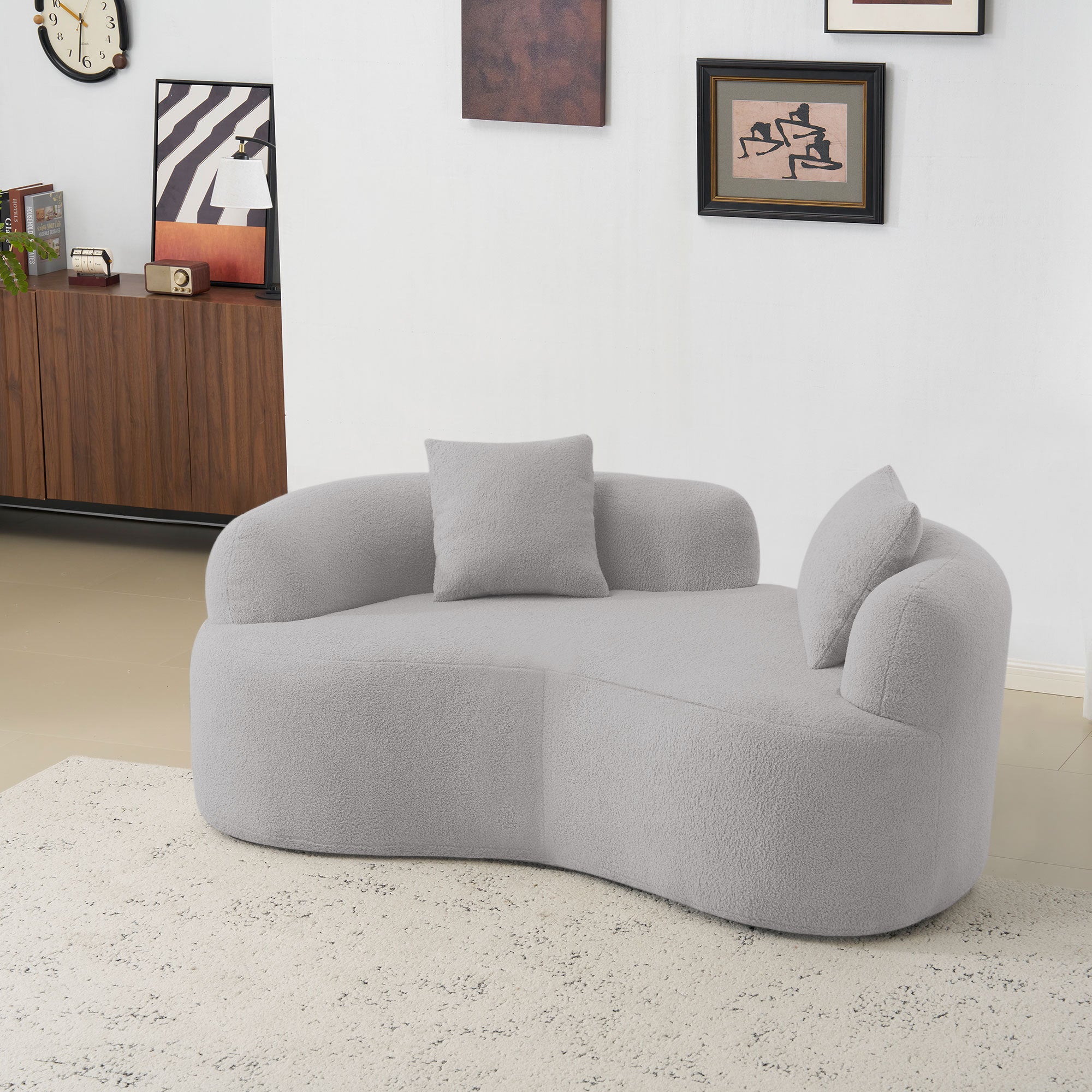 66.93 Inch Curved Loveseat Grey Full Compression Sponge Sofa, Teddy Velvet Fabric, No-Assembly Compact Sofa for Small Spaces & Apartments, 350 lbs Capacity