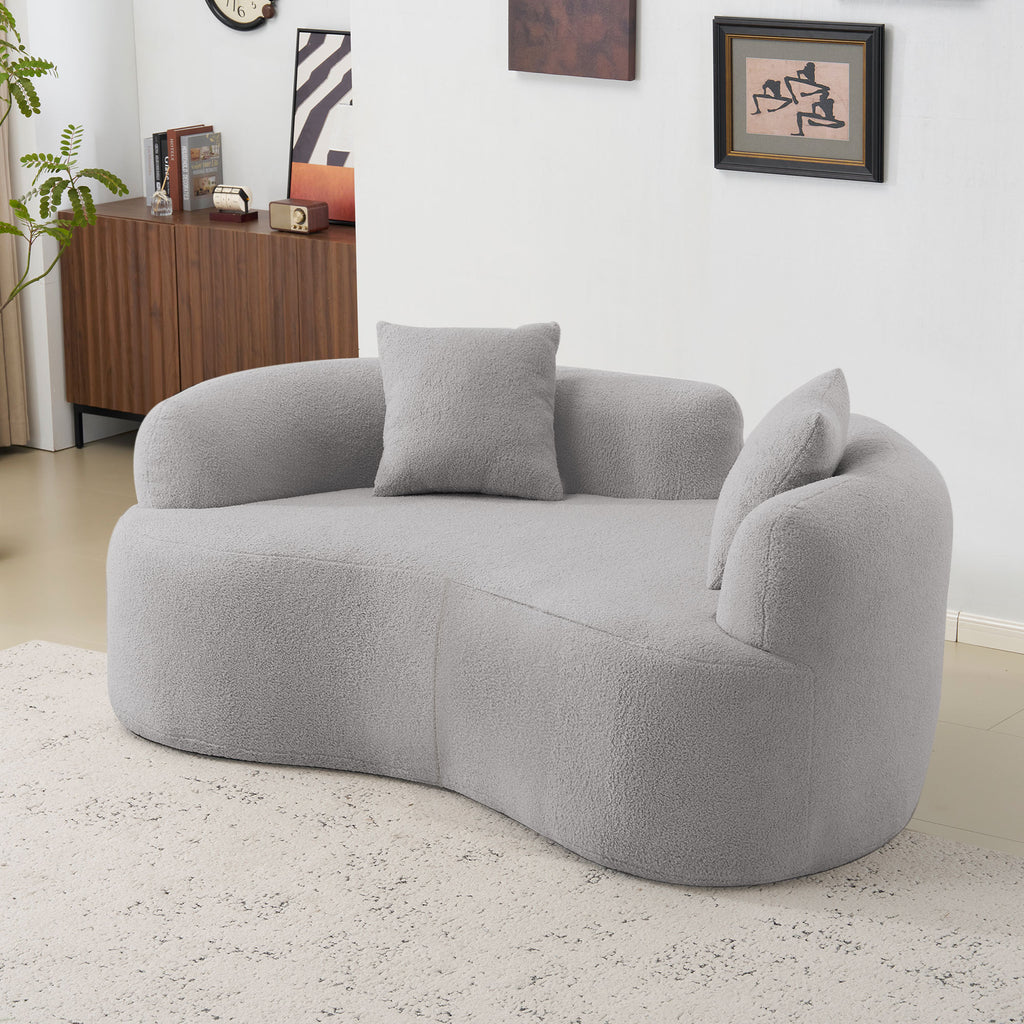66.93 Inch Curved Loveseat Grey Full Compression Sponge Sofa, Teddy Velvet Fabric, No-Assembly Compact Sofa for Small Spaces & Apartments, 350 lbs Capacity