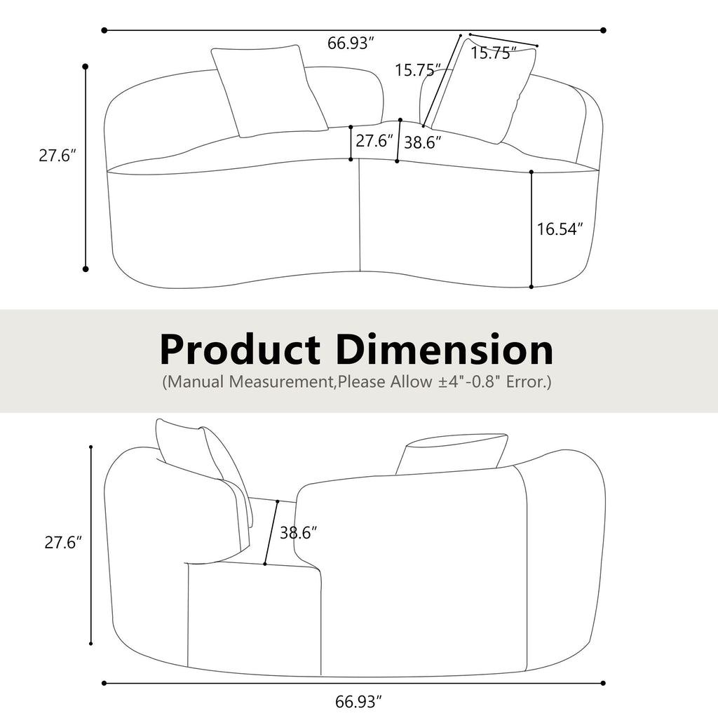 66.93 Inch Curved Loveseat Grey Full Compression Sponge Sofa, Teddy Velvet Fabric, No-Assembly Compact Sofa for Small Spaces & Apartments, 350 lbs Capacity