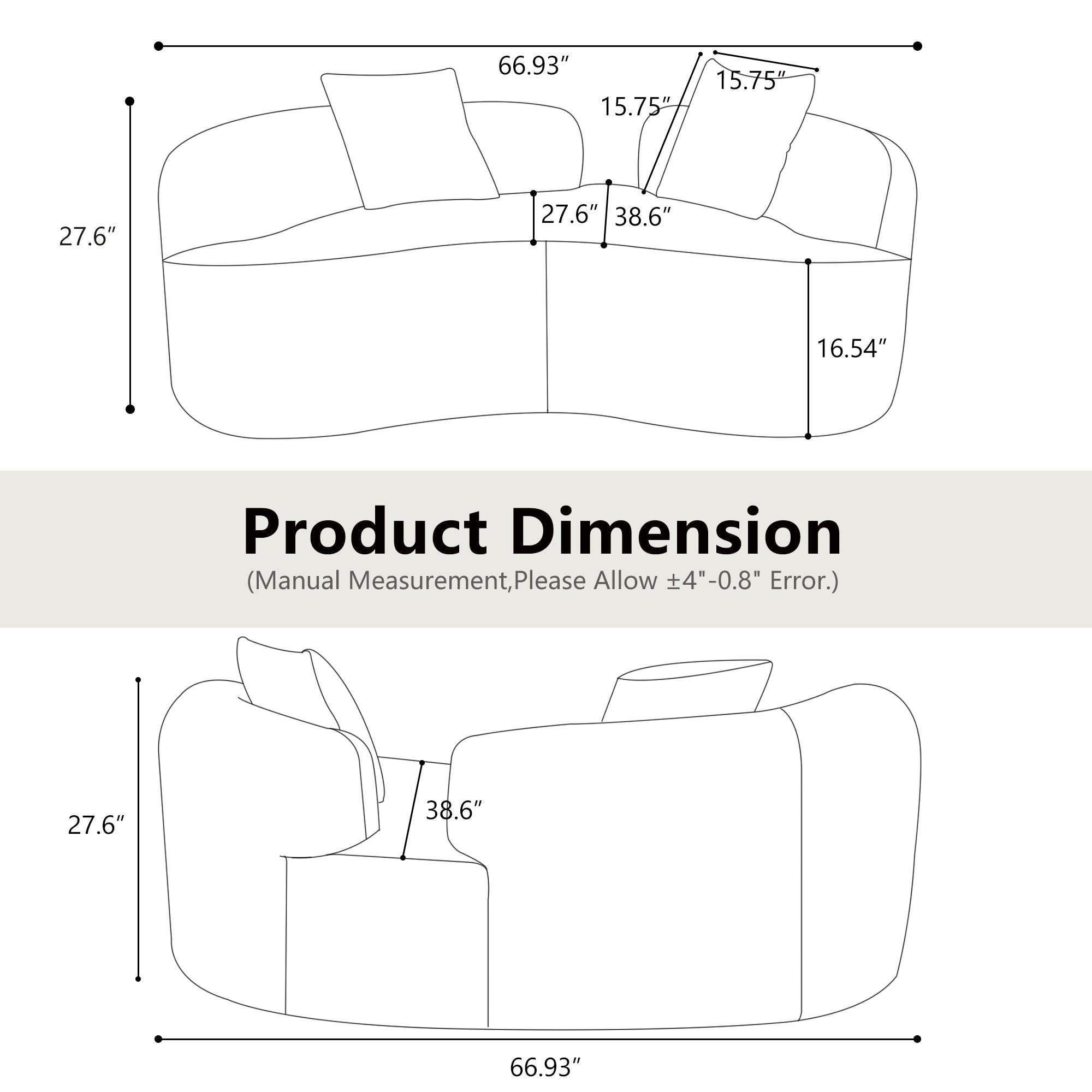 66.93 Inch Curved Loveseat Grey Full Compression Sponge Sofa, Teddy Velvet Fabric, No-Assembly Compact Sofa for Small Spaces & Apartments, 350 lbs Capacity