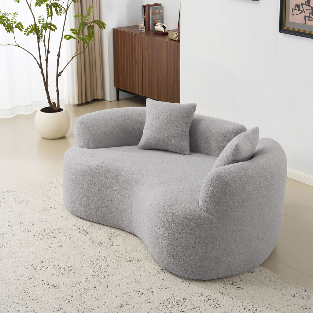 66.93 Inch Curved Loveseat Grey Full Compression Sponge Sofa, Teddy Velvet Fabric, No-Assembly Compact Sofa for Small Spaces & Apartments, 350 lbs Capacity
