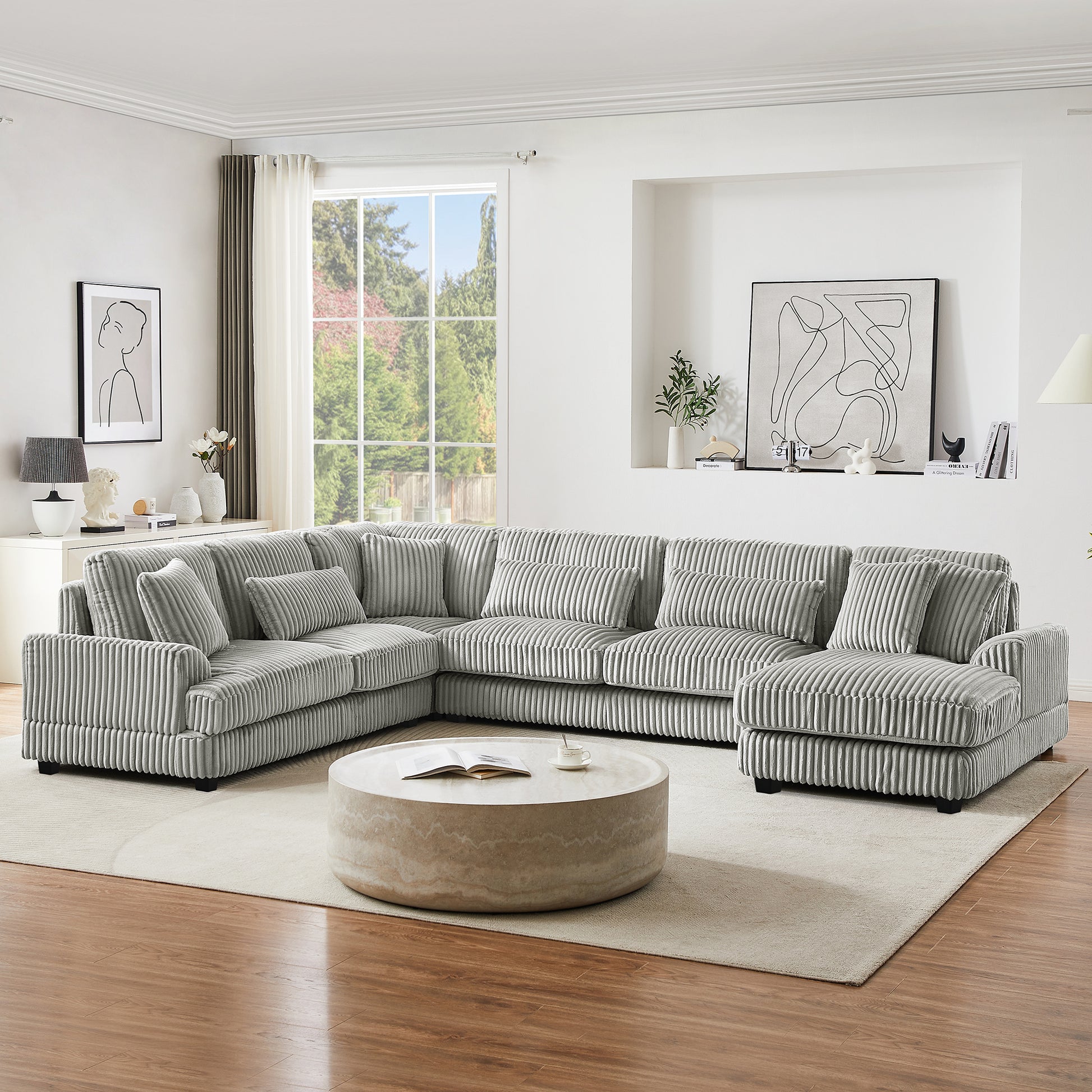 129 Oversized Sectional Sofa U-shaped Sofa Couch Modern Sofa Upholstered in Soft Corduroy with a Chaise Lounge for Living Room, Grey