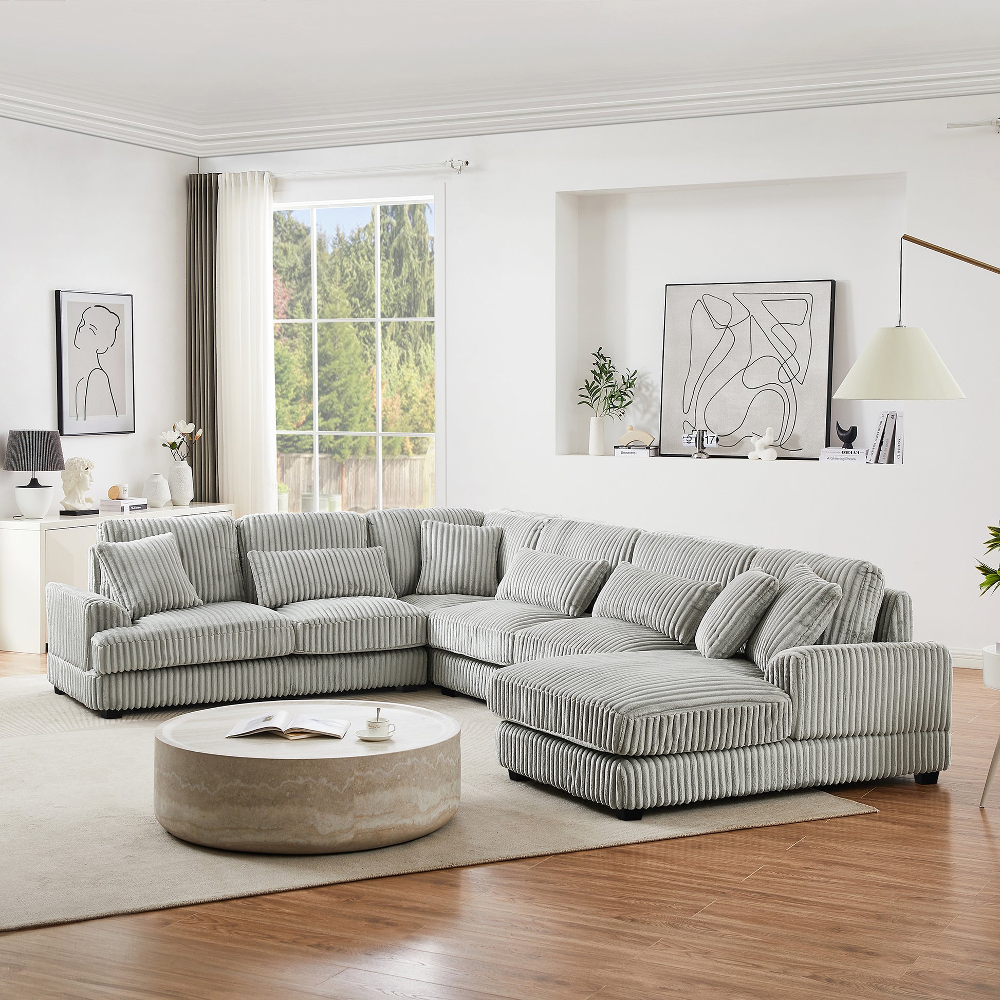 129 Oversized Sectional Sofa U-shaped Sofa Couch Modern Sofa Upholstered in Soft Corduroy with a Chaise Lounge for Living Room, Grey