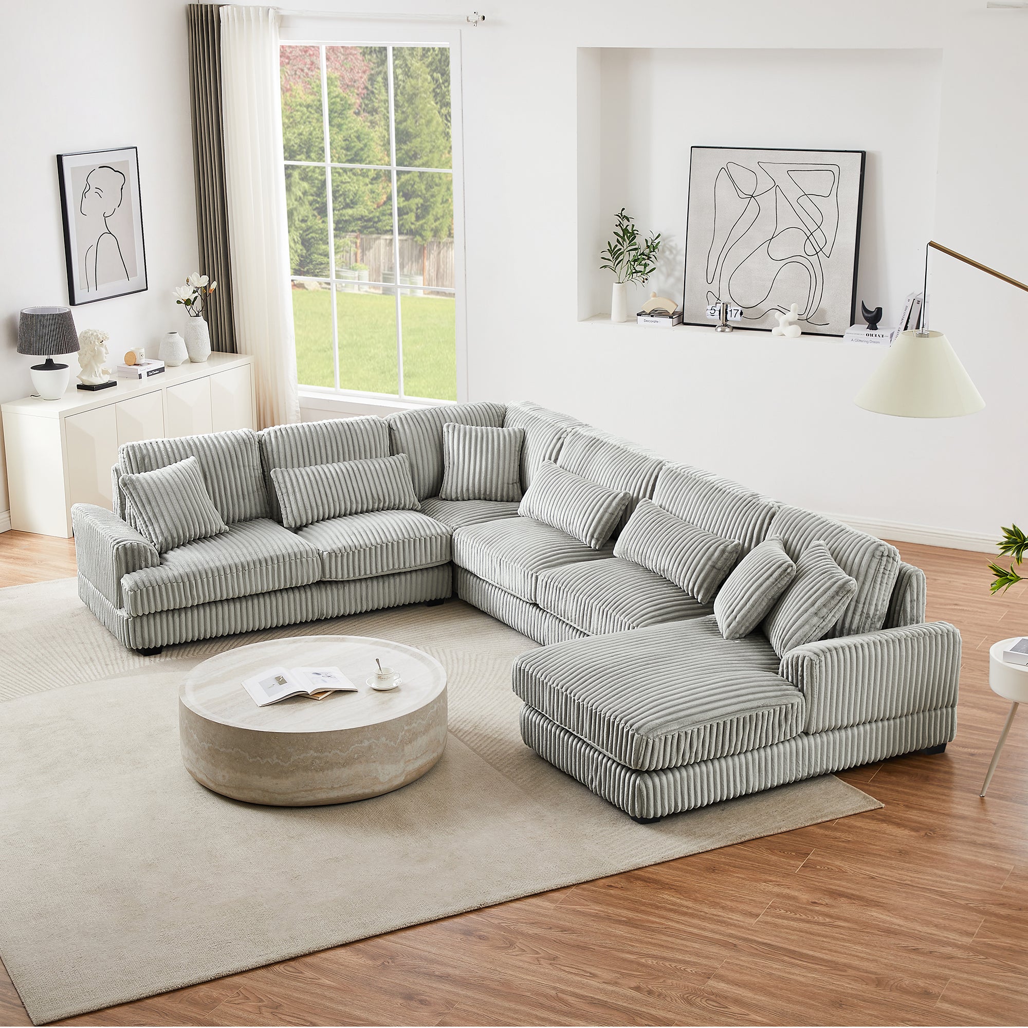 129 Oversized Sectional Sofa U-shaped Sofa Couch Modern Sofa Upholstered in Soft Corduroy with a Chaise Lounge for Living Room, Grey