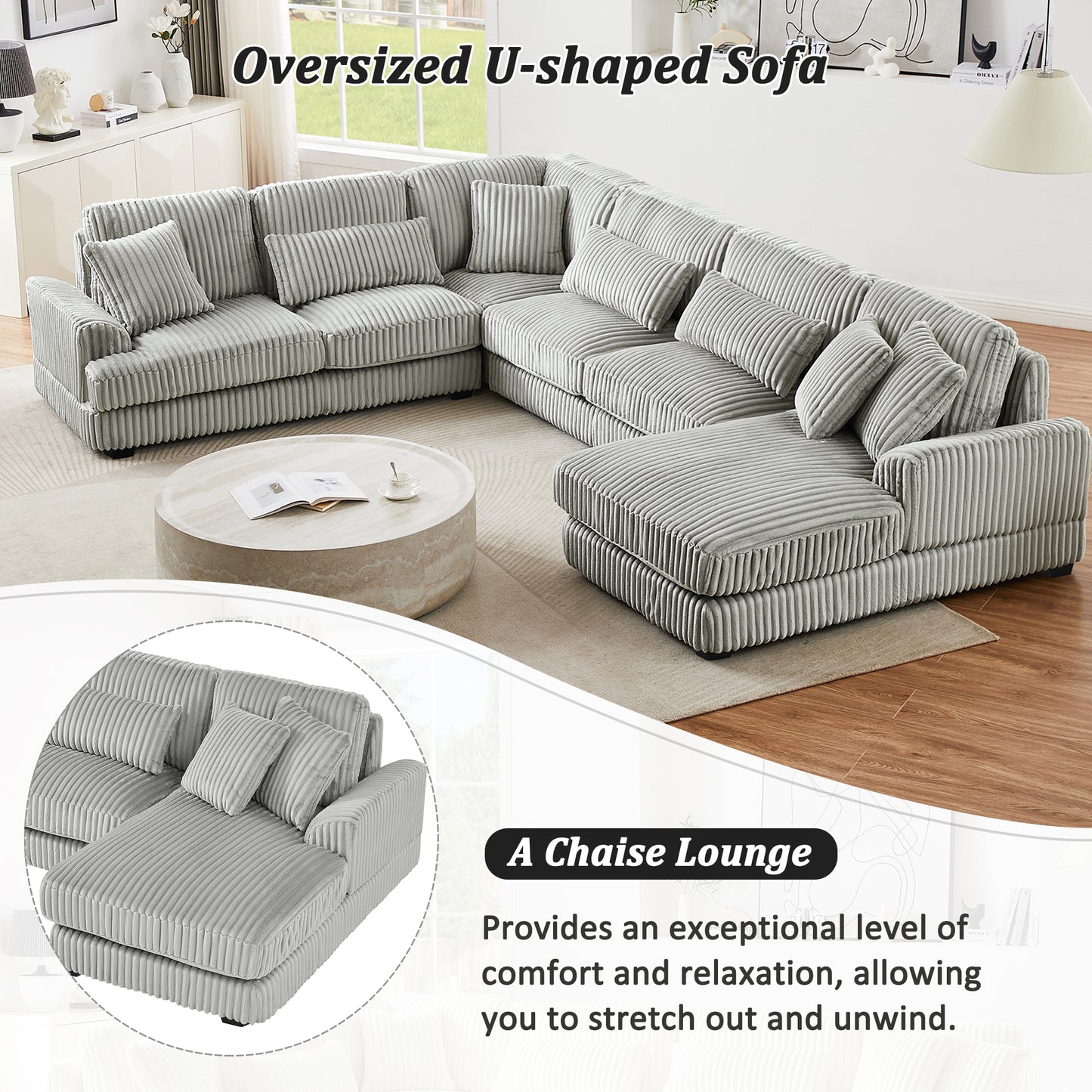 129 Oversized Sectional Sofa U-shaped Sofa Couch Modern Sofa Upholstered in Soft Corduroy with a Chaise Lounge for Living Room, Grey