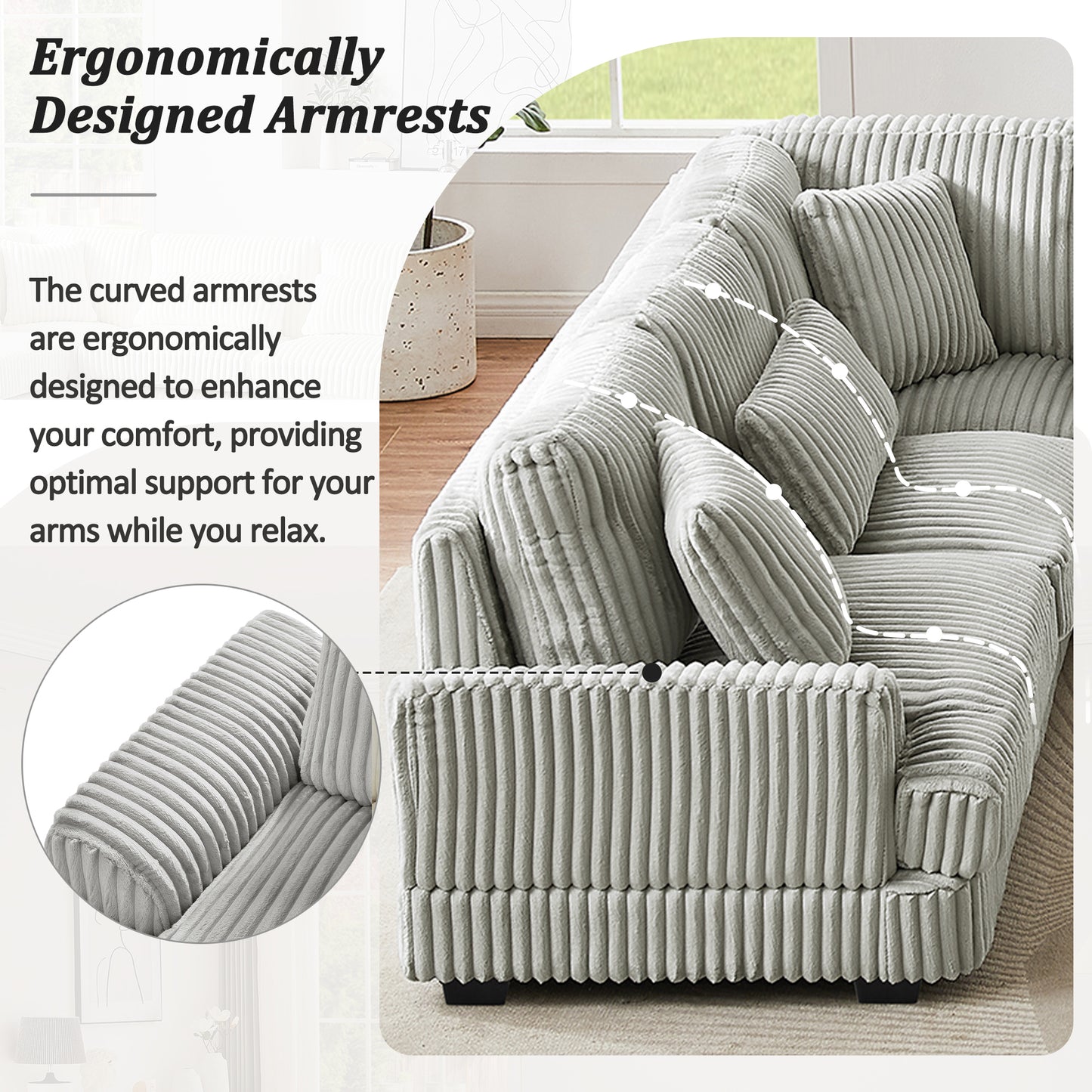 129 Oversized Sectional Sofa U-shaped Sofa Couch Modern Sofa Upholstered in Soft Corduroy with a Chaise Lounge for Living Room, Grey