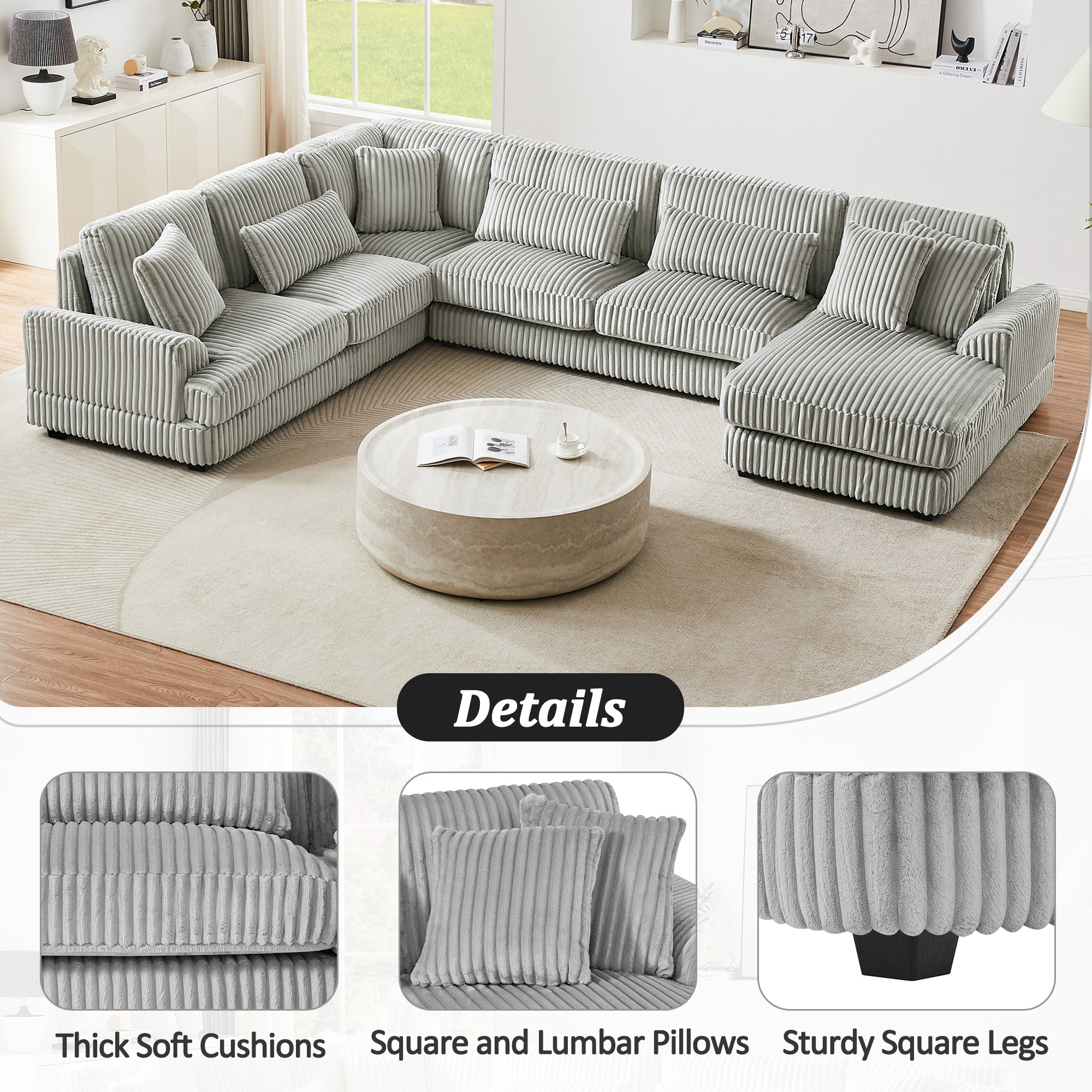 129 Oversized Sectional Sofa U-shaped Sofa Couch Modern Sofa Upholstered in Soft Corduroy with a Chaise Lounge for Living Room, Grey