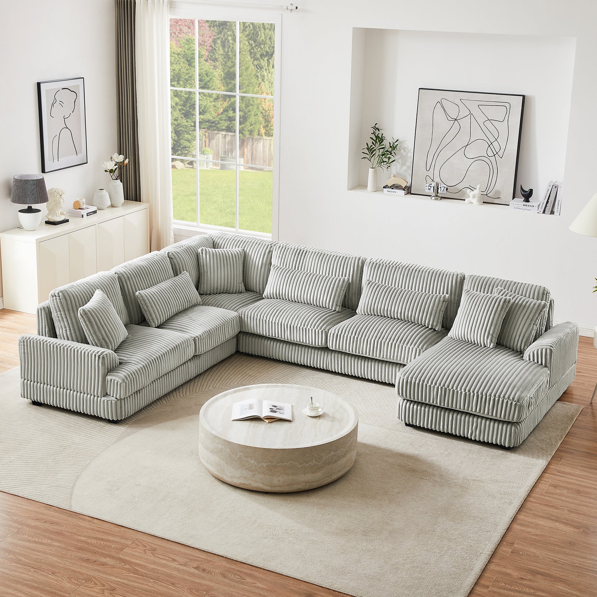 129 Oversized Sectional Sofa U-shaped Sofa Couch Modern Sofa Upholstered in Soft Corduroy with a Chaise Lounge for Living Room, Grey