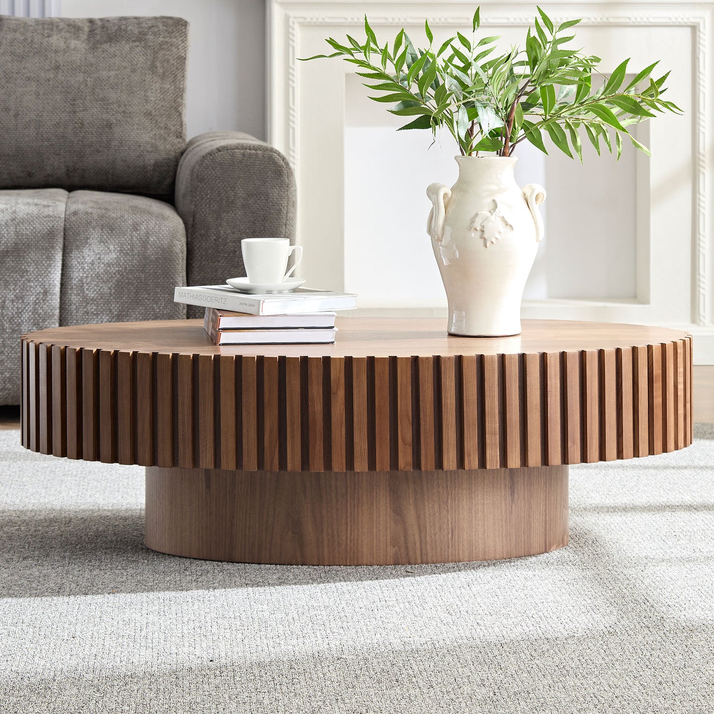 Modern Handcraft Drum Coffee Table Length 43.7 inch Ellipse Coffee Table for Living Room,Small Coffee Table with Sturdy Pedestal,Walnut MDF