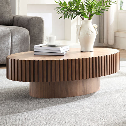 Modern Handcraft Drum Coffee Table Length 43.7 inch Ellipse Coffee Table for Living Room,Small Coffee Table with Sturdy Pedestal,Walnut MDF