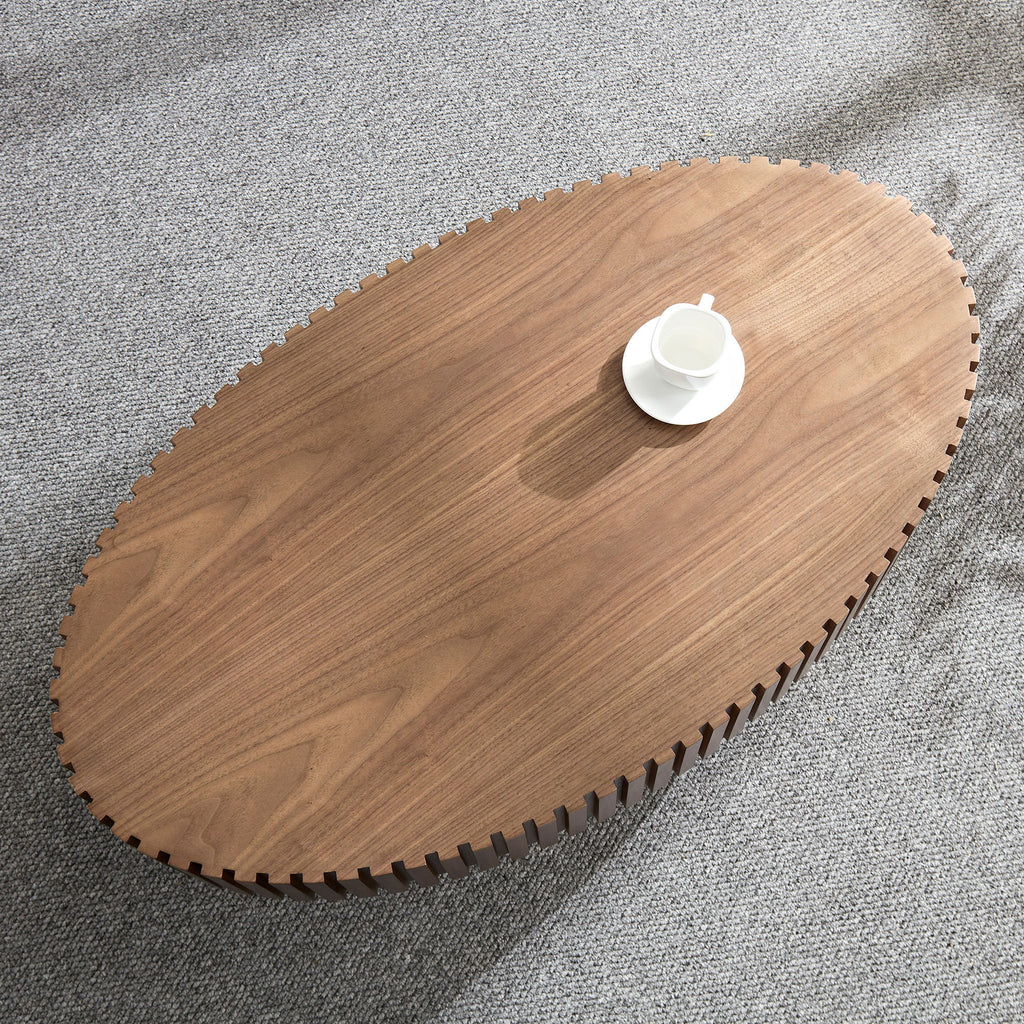 Modern Handcraft Drum Coffee Table Length 43.7 inch Ellipse Coffee Table for Living Room,Small Coffee Table with Sturdy Pedestal,Walnut MDF