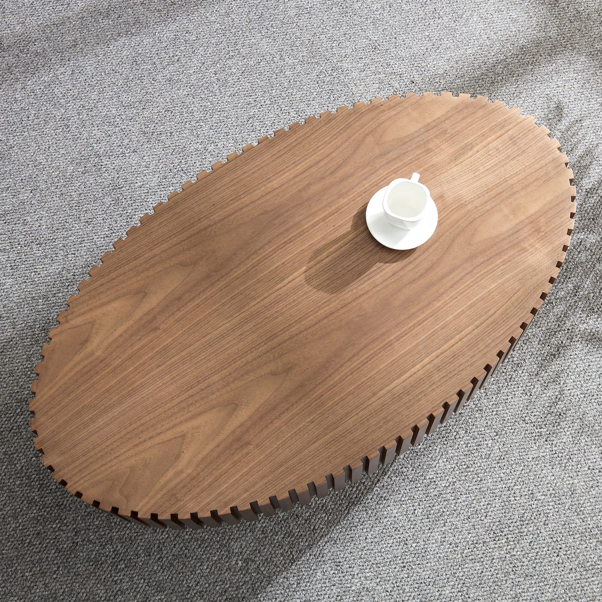 Modern Handcraft Drum Coffee Table Length 43.7 inch Ellipse Coffee Table for Living Room,Small Coffee Table with Sturdy Pedestal,Walnut MDF