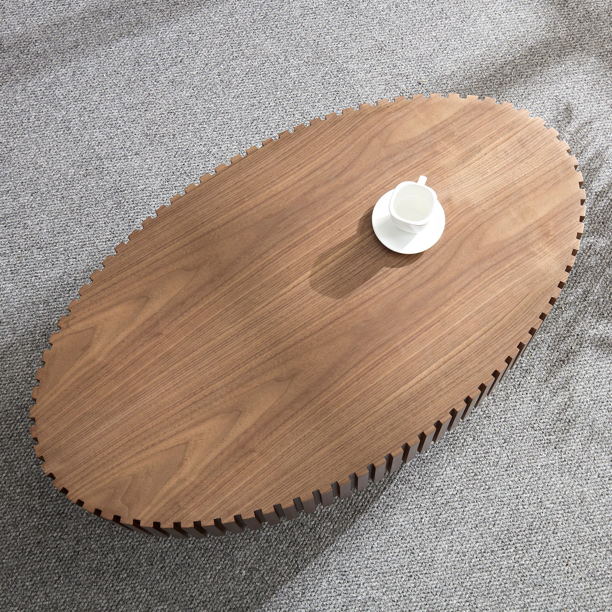 Modern Handcraft Drum Coffee Table Length 43.7 inch Ellipse Coffee Table for Living Room,Small Coffee Table with Sturdy Pedestal,Walnut MDF