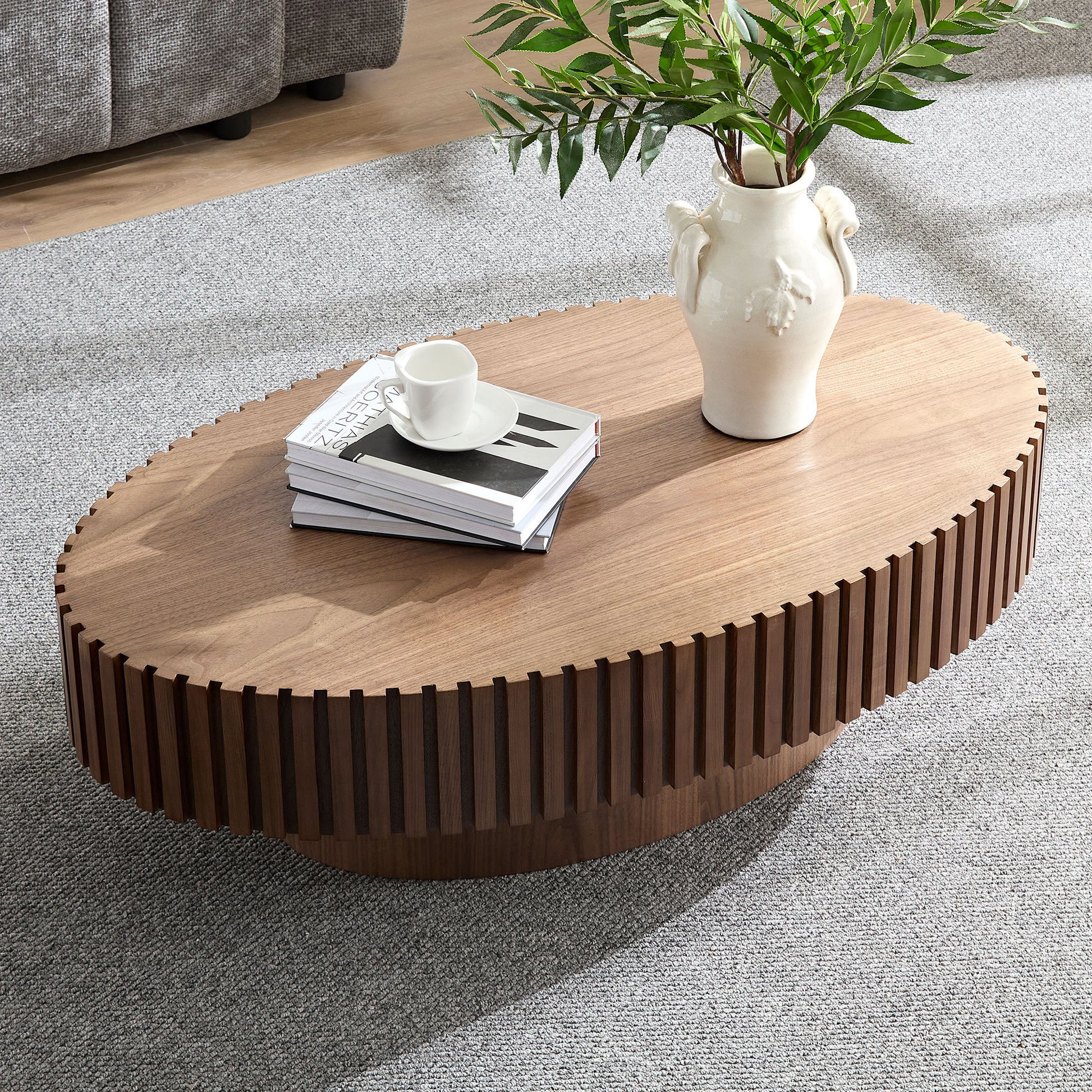 Modern Handcraft Drum Coffee Table Length 43.7 inch Ellipse Coffee Table for Living Room,Small Coffee Table with Sturdy Pedestal,Walnut MDF