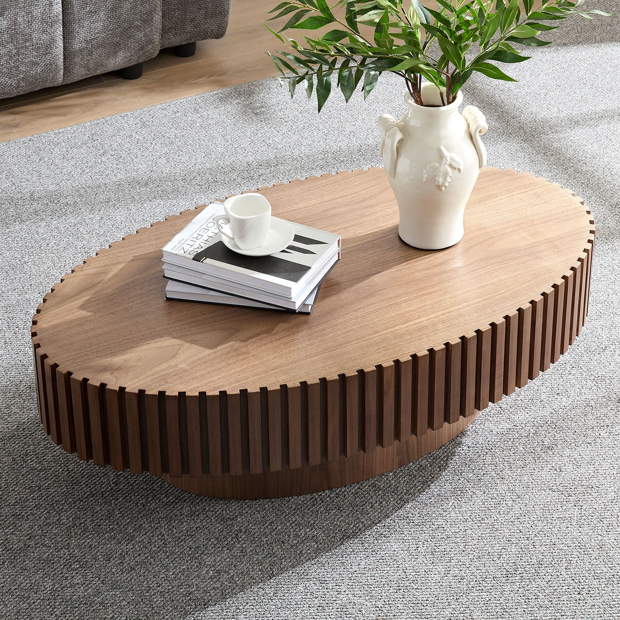 Modern Handcraft Drum Coffee Table Length 43.7 inch Ellipse Coffee Table for Living Room,Small Coffee Table with Sturdy Pedestal,Walnut MDF