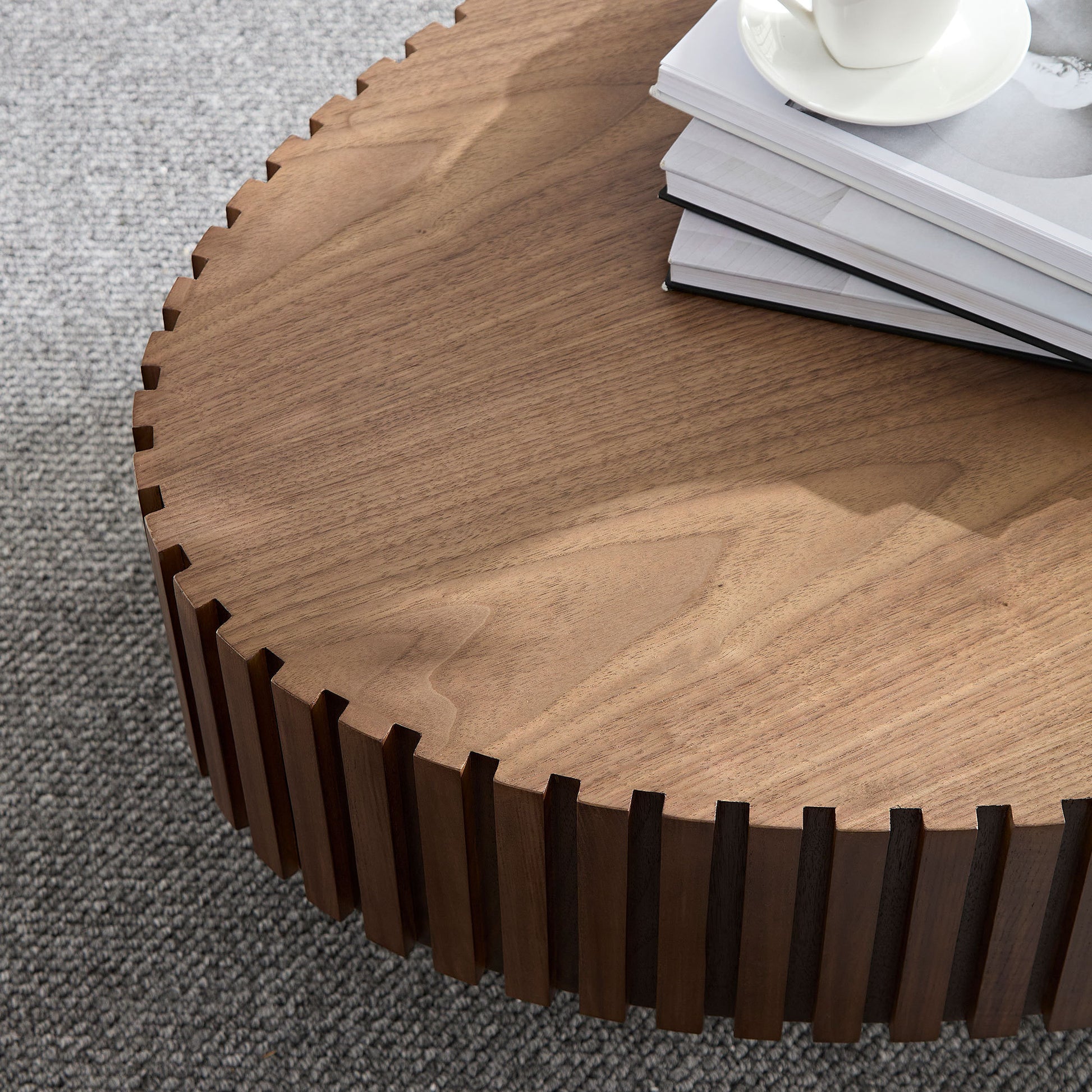 Modern Handcraft Drum Coffee Table Length 43.7 inch Ellipse Coffee Table for Living Room,Small Coffee Table with Sturdy Pedestal,Walnut MDF