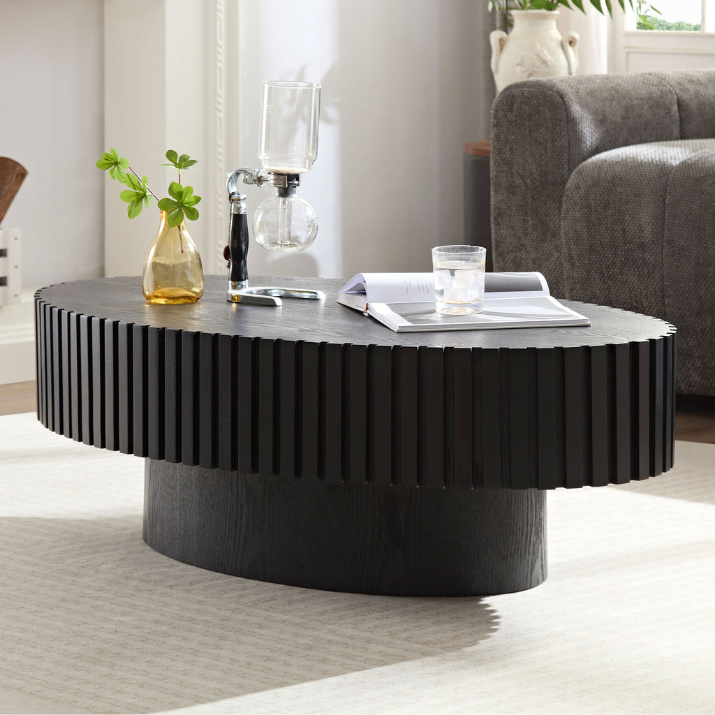 Modern Handcraft Drum Coffee Table Length 43.7 inch Ellipse Coffee Table for Living Room,Small Coffee Table with Sturdy Pedestal,Black MDF