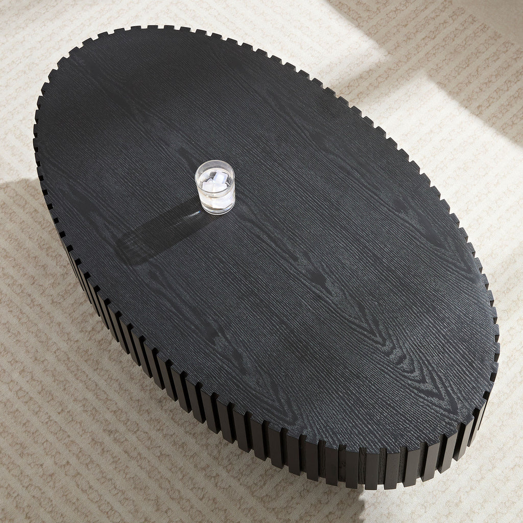 Modern Handcraft Drum Coffee Table Length 43.7 inch Ellipse Coffee Table for Living Room,Small Coffee Table with Sturdy Pedestal,Black MDF