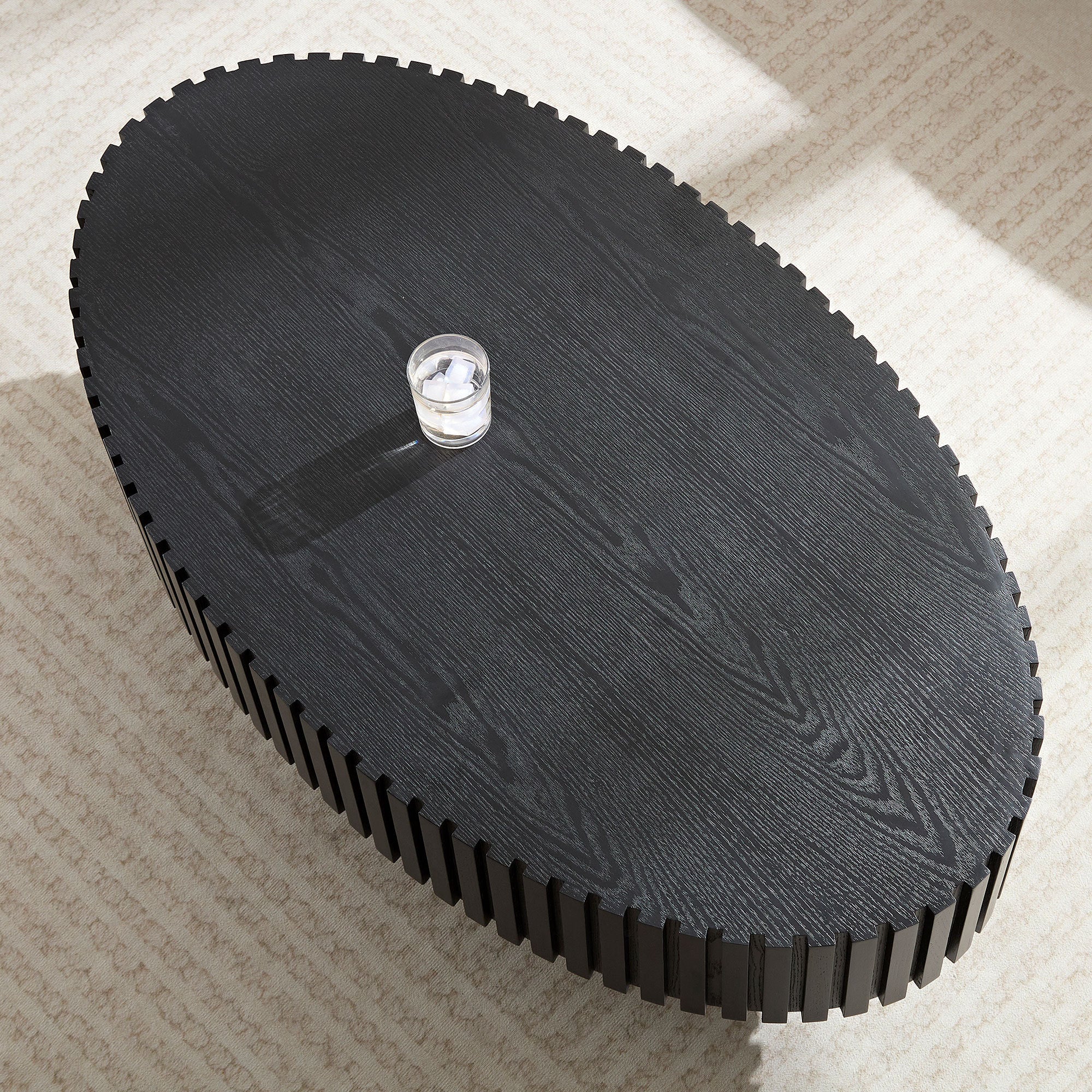 Modern Handcraft Drum Coffee Table Length 43.7 inch Ellipse Coffee Table for Living Room,Small Coffee Table with Sturdy Pedestal,Black MDF