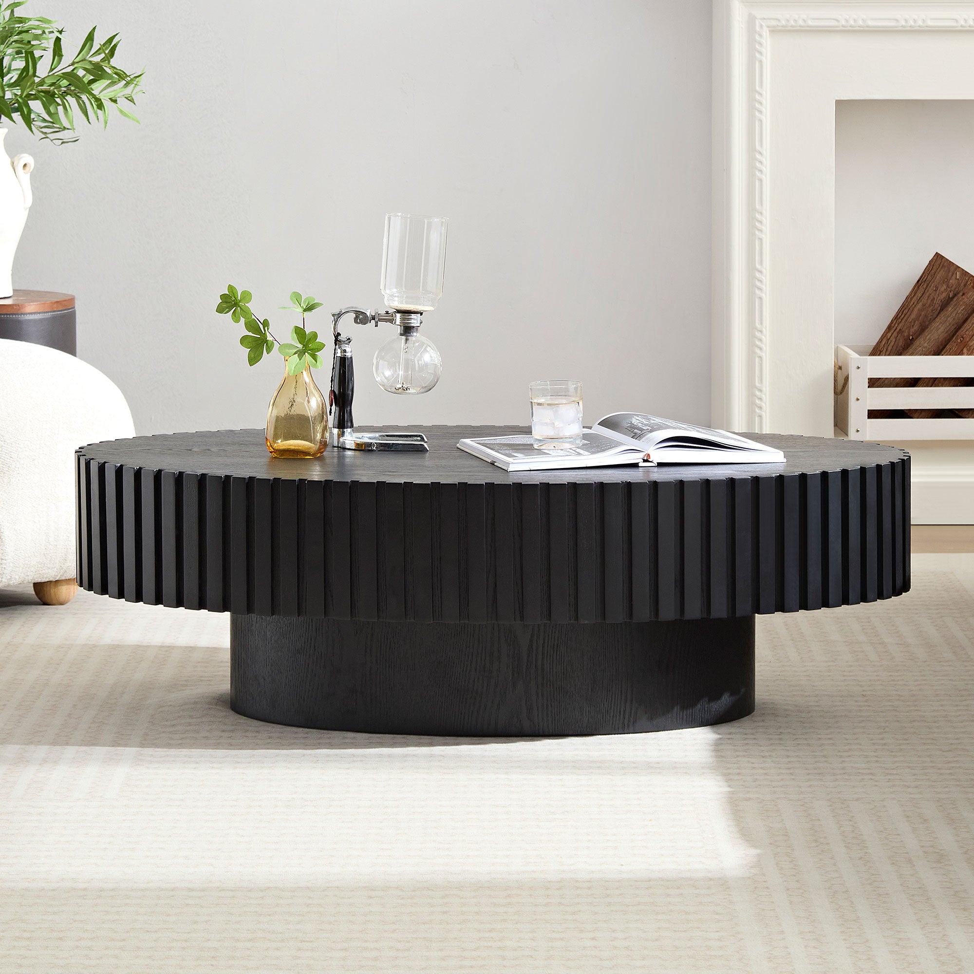 Modern Handcraft Drum Coffee Table Length 43.7 inch Ellipse Coffee Table for Living Room,Small Coffee Table with Sturdy Pedestal,Black MDF