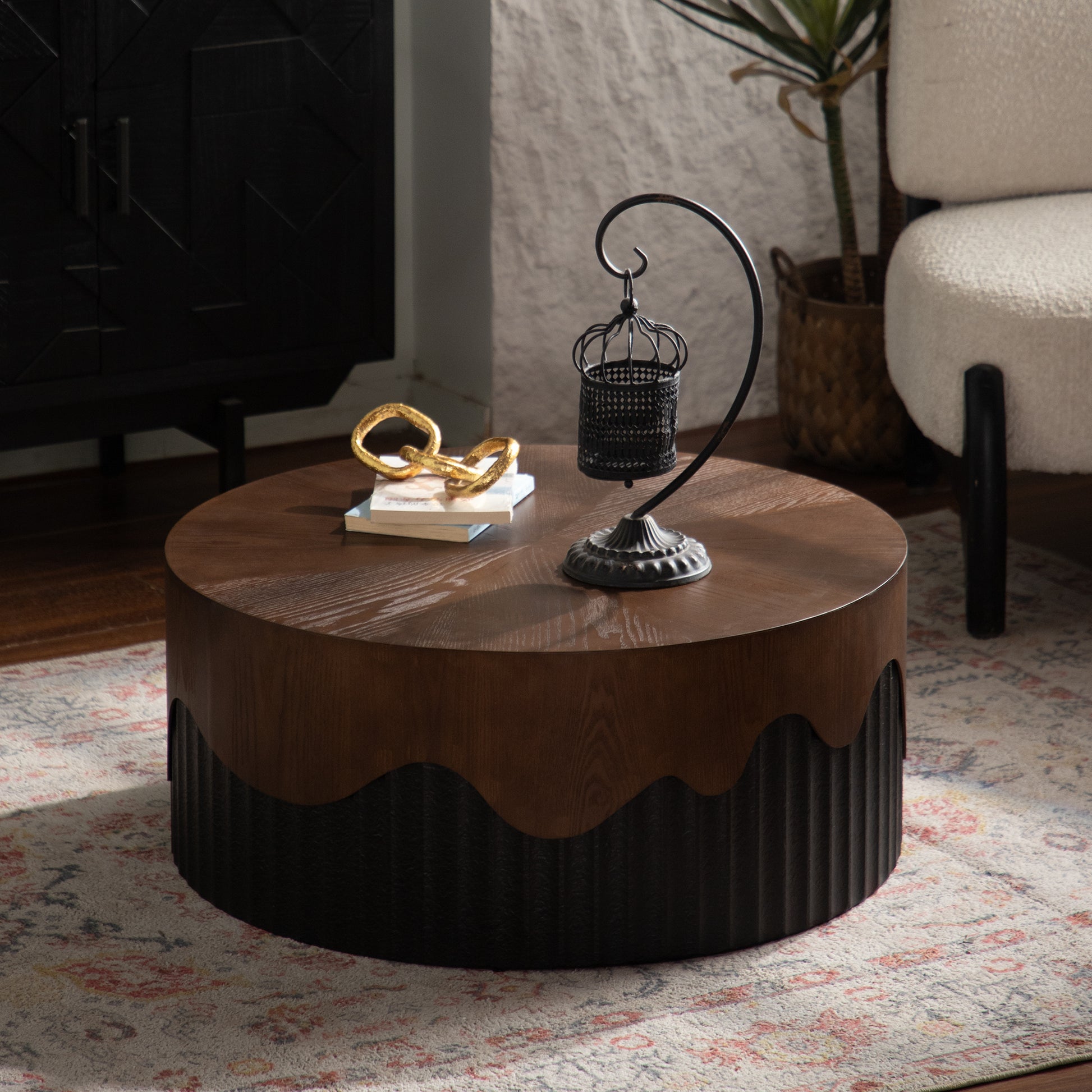 30.31' Round Coffee Table Handcrafted Relief Sturdy Pedestal Wooden Tea Table for Living Room no need to Assemble