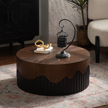 30.31' Round Coffee Table Handcrafted Relief Sturdy Pedestal Wooden Tea Table for Living Room no need to Assemble