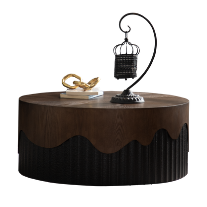 30.31' Round Coffee Table Handcrafted Relief Sturdy Pedestal Wooden Tea Table for Living Room no need to Assemble