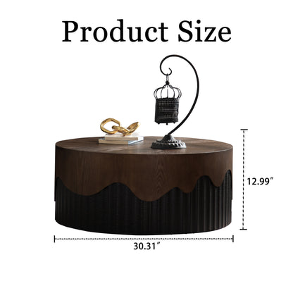 30.31' Round Coffee Table Handcrafted Relief Sturdy Pedestal Wooden Tea Table for Living Room no need to Assemble