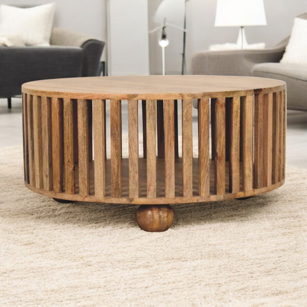 Modern Handmade Solid Wood Slatted Round Oak Coffee Table