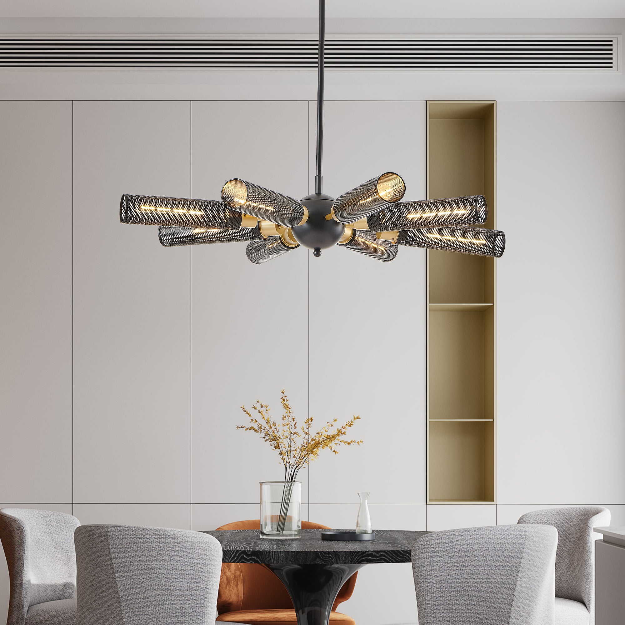 Modern Industrial Sputnik Chandelier, 8-Light Black and Gold Metal Pendant Light with Mesh Shades, E26 Base, Adjustable Height for Dining Room, Living Room, or Kitchen Island (Bulb Not Included)