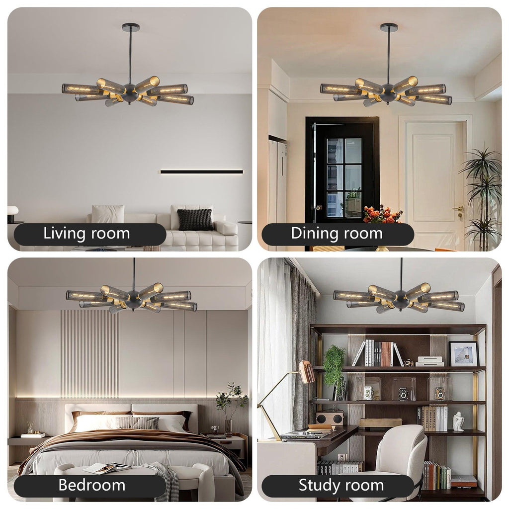 Modern Industrial 8-Light Black Gold Sputnik Chandelier.