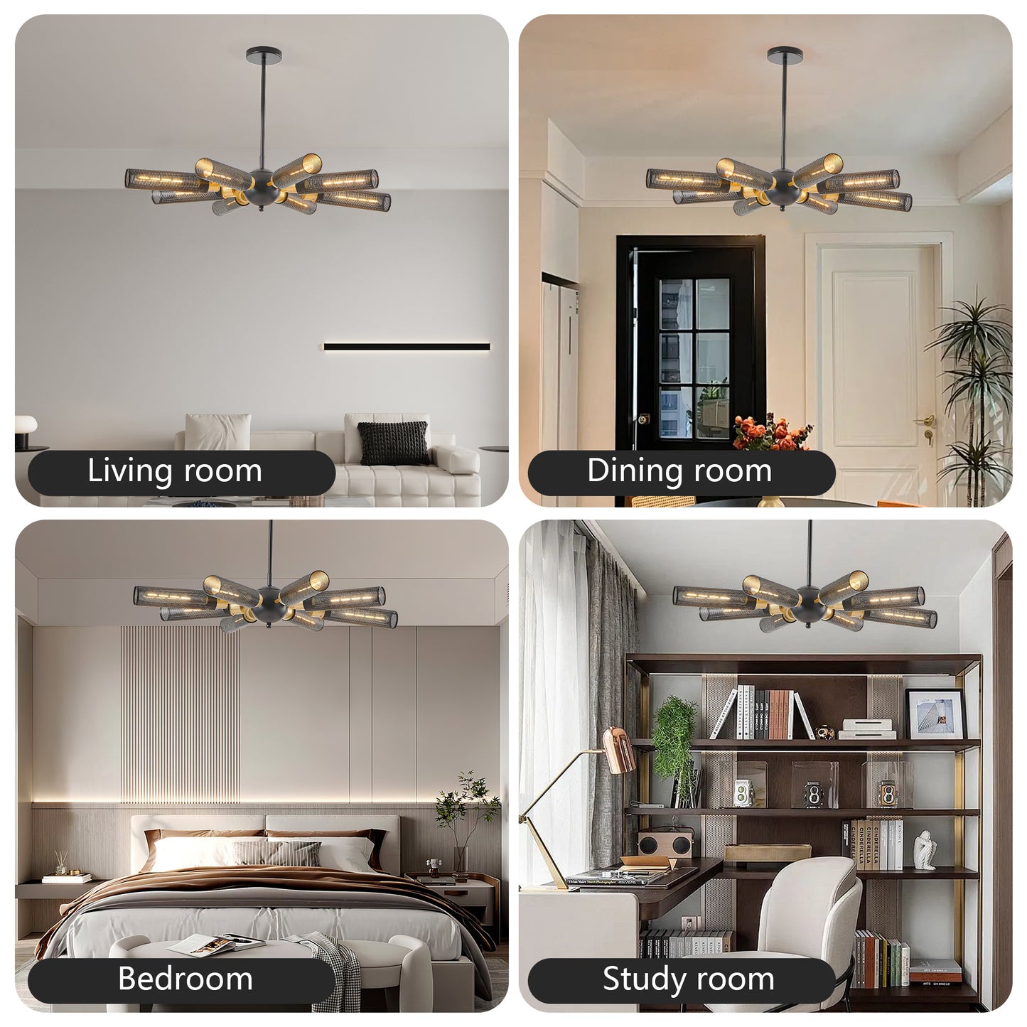 Modern Industrial Sputnik Chandelier, 8-Light Black and Gold Metal Pendant Light with Mesh Shades, E26 Base, Adjustable Height for Dining Room, Living Room, or Kitchen Island (Bulb Not Included)