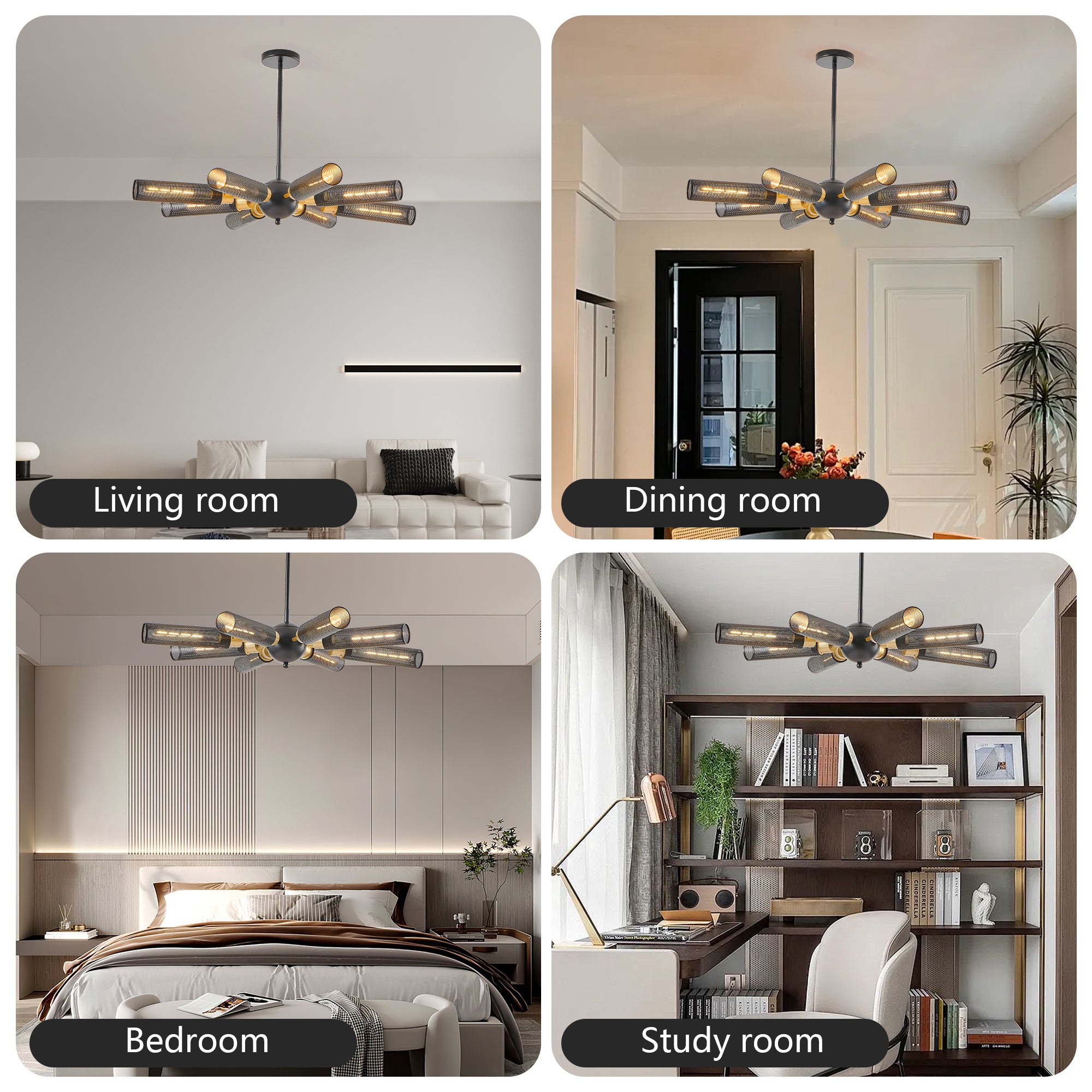 Modern Industrial Sputnik Chandelier, 8-Light Black and Gold Metal Pendant Light with Mesh Shades, E26 Base, Adjustable Height for Dining Room, Living Room, or Kitchen Island (Bulb Not Included)