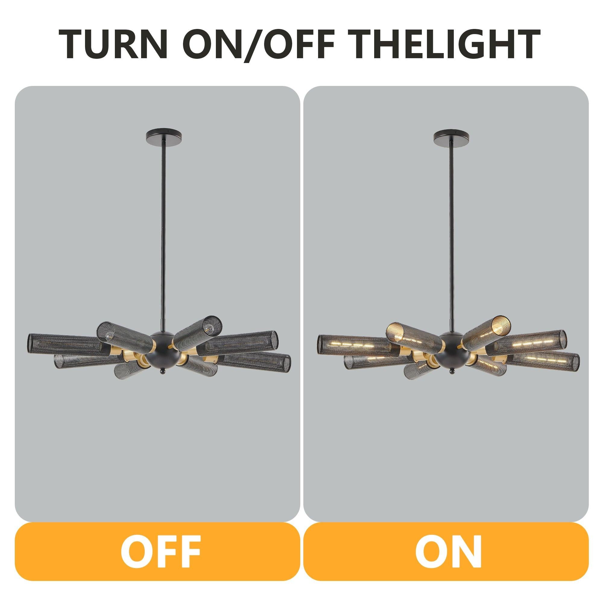 Modern Industrial 8-Light Black Gold Sputnik Chandelier.