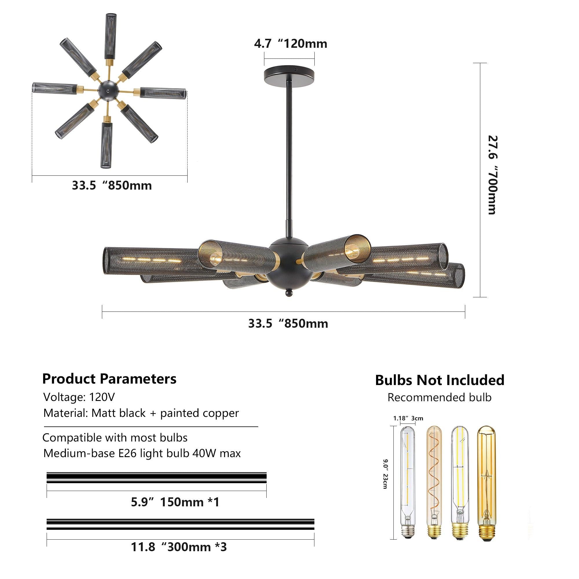 Modern Industrial 8-Light Black Gold Sputnik Chandelier.