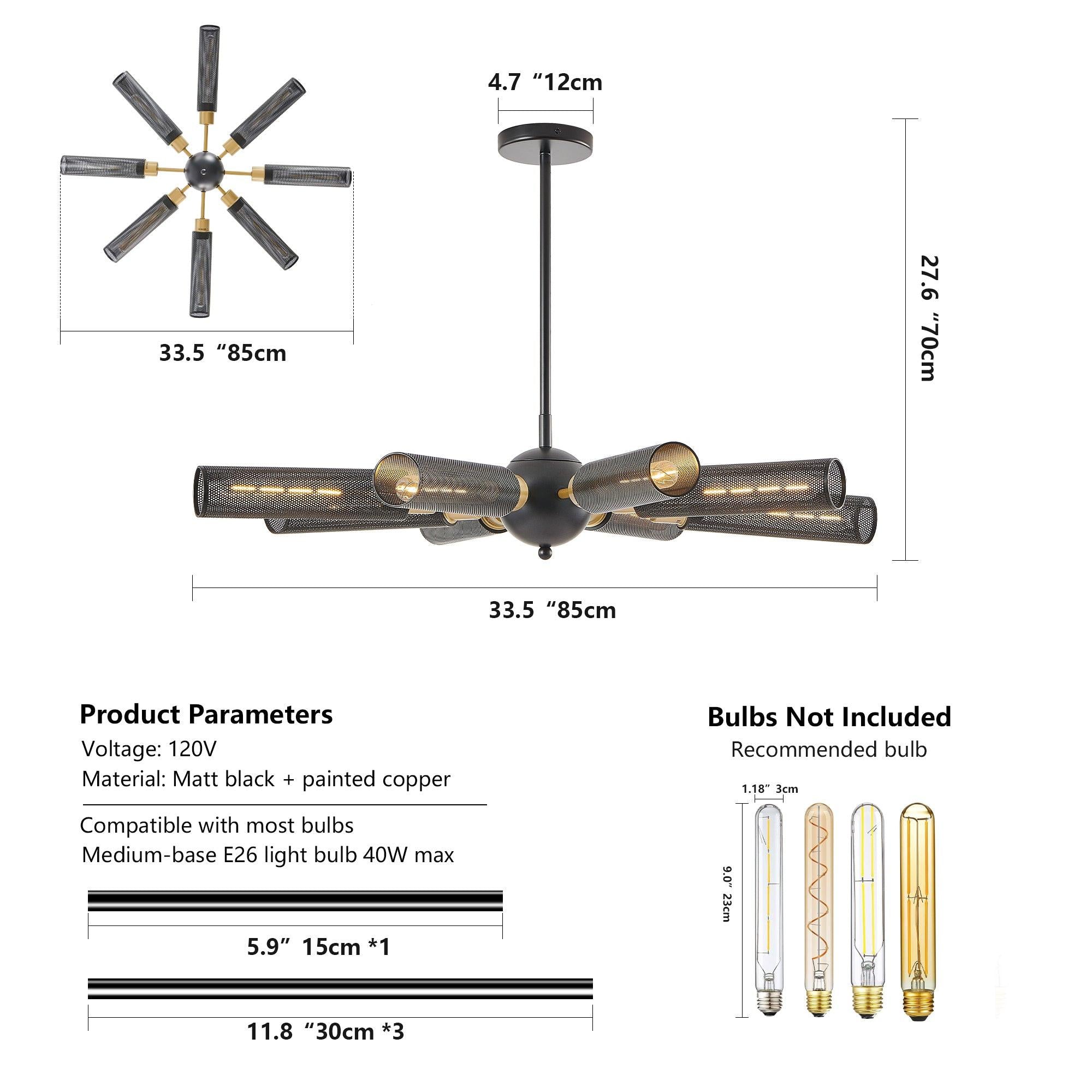 Modern Industrial 8-Light Black Gold Sputnik Chandelier.