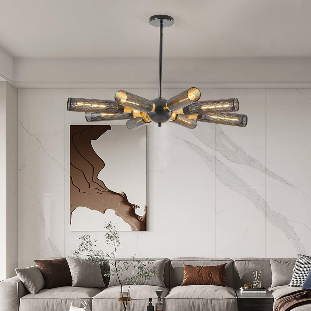 Modern Industrial 8-Light Black Gold Sputnik Chandelier.