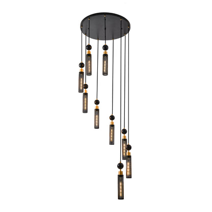 Modern Industrial Multi-Light Pendant Chandelier - 9-Light Black and Gold Adjustable Ceiling Light Fixture with Mesh Cylinder Shades for Living Room, Dining Room, or Staircase (Bulb Not Included)