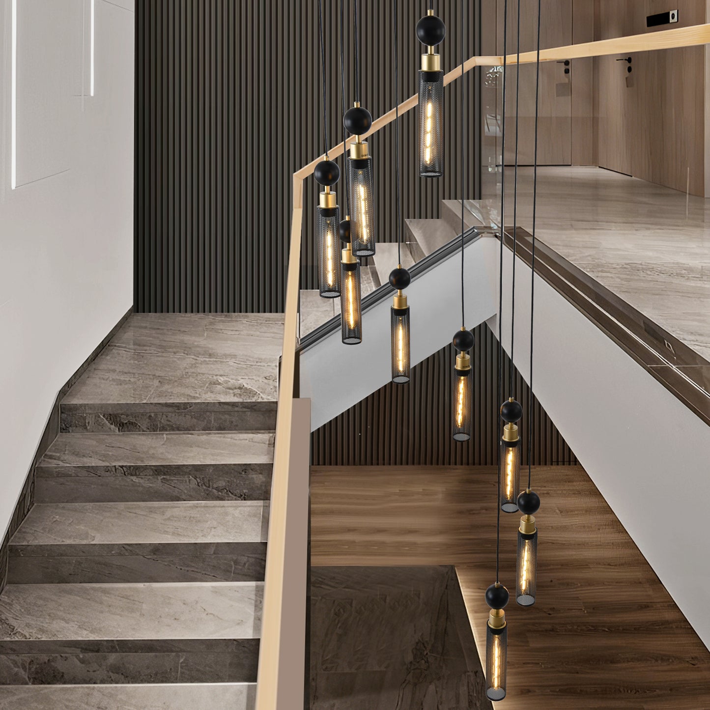 Modern Industrial Multi-Light Pendant Chandelier - 9-Light Black and Gold Adjustable Ceiling Light Fixture with Mesh Cylinder Shades for Living Room, Dining Room, or Staircase (Bulb Not Included)