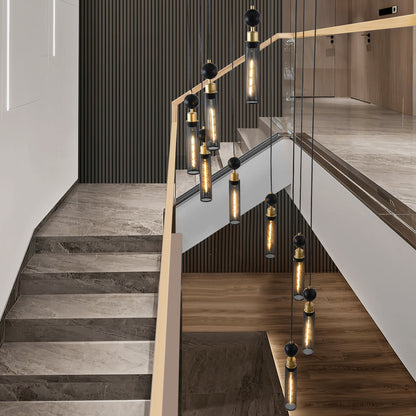 Modern Industrial Multi-Light Pendant Chandelier - 9-Light Black and Gold Adjustable Ceiling Light Fixture with Mesh Cylinder Shades for Living Room, Dining Room, or Staircase (Bulb Not Included)