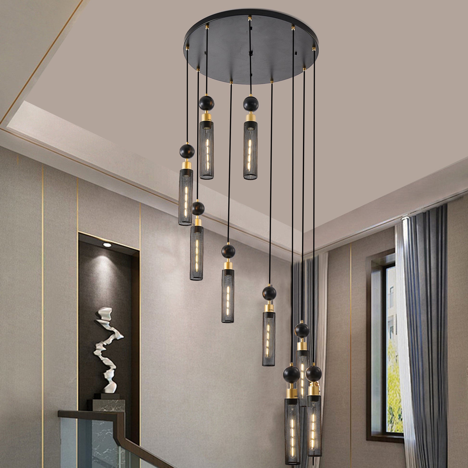 Modern Industrial Multi-Light Pendant Chandelier - 9-Light Black and Gold Adjustable Ceiling Light Fixture with Mesh Cylinder Shades for Living Room, Dining Room, or Staircase (Bulb Not Included)