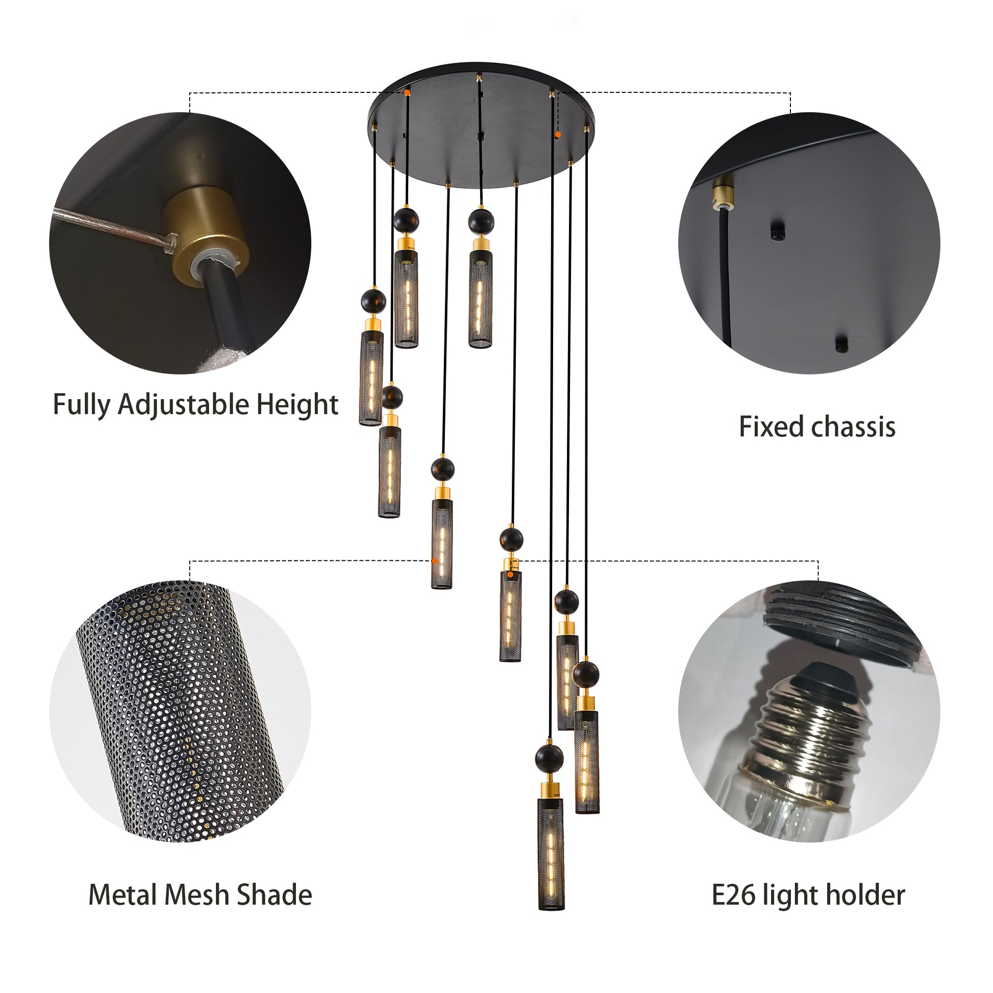 Modern Industrial Multi-Light Pendant Chandelier - 9-Light Black and Gold Adjustable Ceiling Light Fixture with Mesh Cylinder Shades for Living Room, Dining Room, or Staircase (Bulb Not Included)