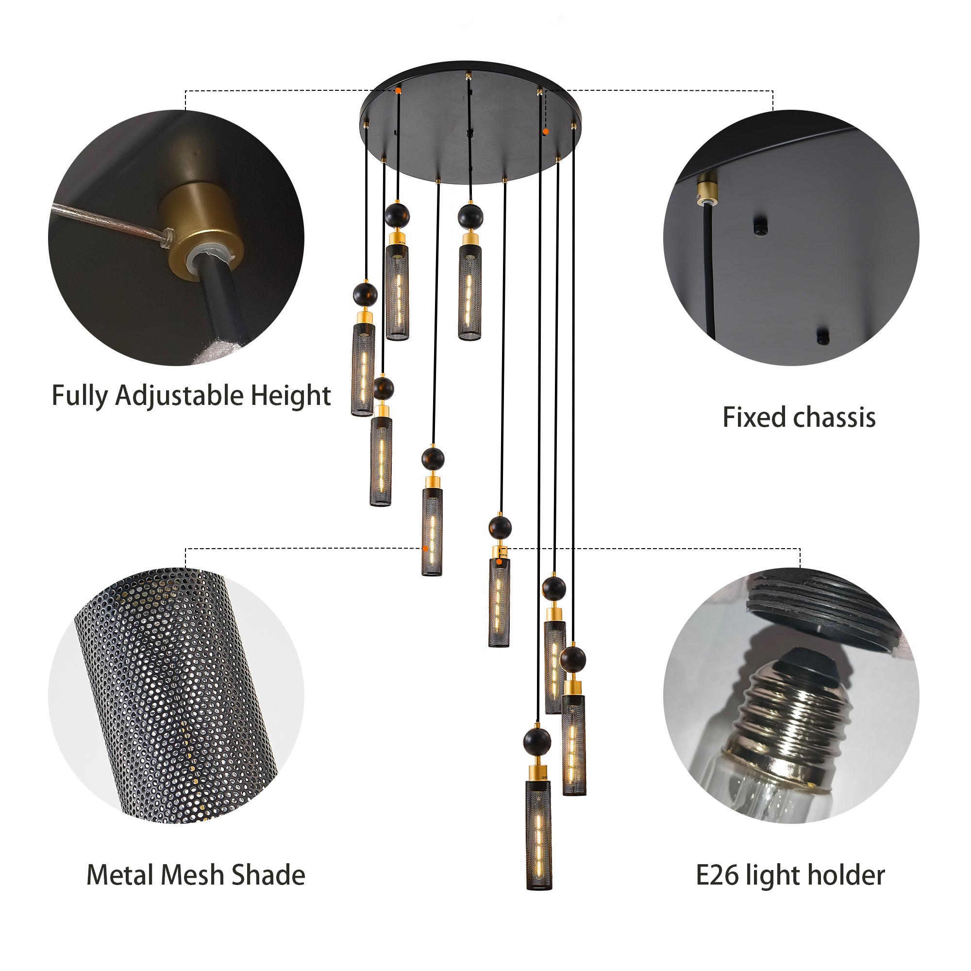 Modern Industrial Multi-Light Pendant Chandelier - 9-Light Black and Gold Adjustable Ceiling Light Fixture with Mesh Cylinder Shades for Living Room, Dining Room, or Staircase (Bulb Not Included)