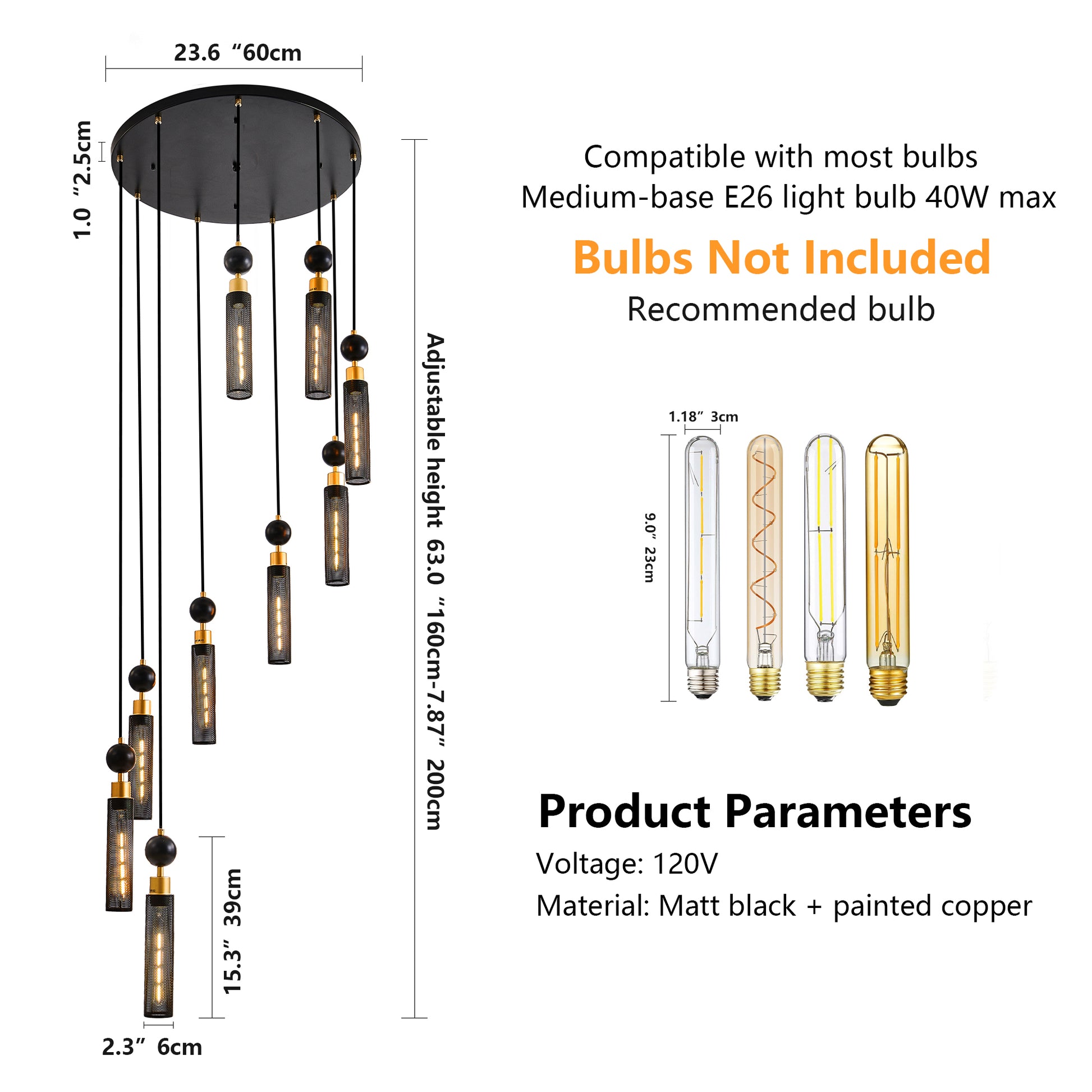 Modern Industrial Multi-Light Pendant Chandelier - 9-Light Black and Gold Adjustable Ceiling Light Fixture with Mesh Cylinder Shades for Living Room, Dining Room, or Staircase (Bulb Not Included)