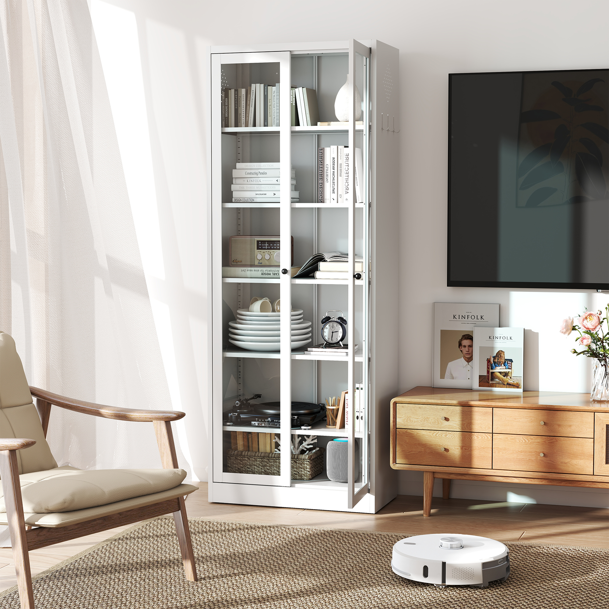 Industrial Metal Kitchen Pantry Cabinet with Adjustable Shelves, White Glass & Metal, 72' Tall