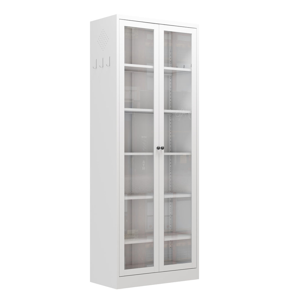 Industrial Metal Kitchen Pantry Cabinet with Adjustable Shelves, White Glass & Metal, 72' Tall