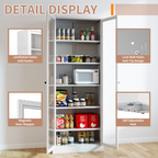 Industrial Metal Kitchen Pantry Cabinet with Adjustable Shelves, White Glass & Metal, 72' Tall