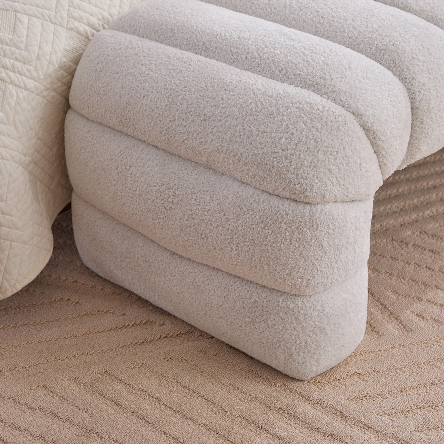 Modern Upholstered Armless Bed Bench, Channel Tufted Couch Daybed Chaise, Ivory Chenille, 69.7' Wide