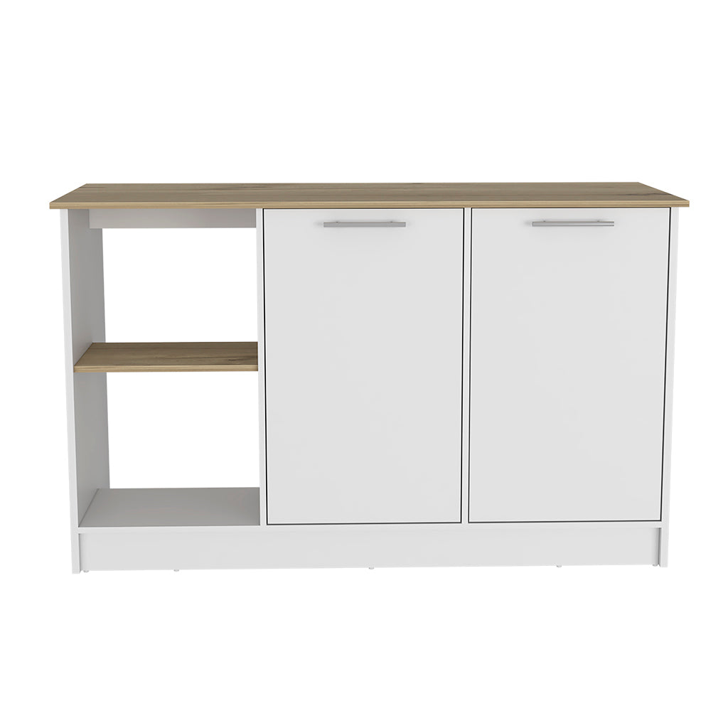 Juniper Kitchen Island, Four Open Shelves, Two Cabinets  -Light Oak / White
