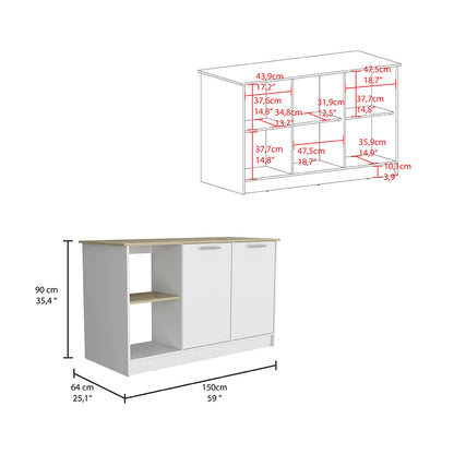 Juniper Kitchen Island, Four Open Shelves, Two Cabinets  -Light Oak / White